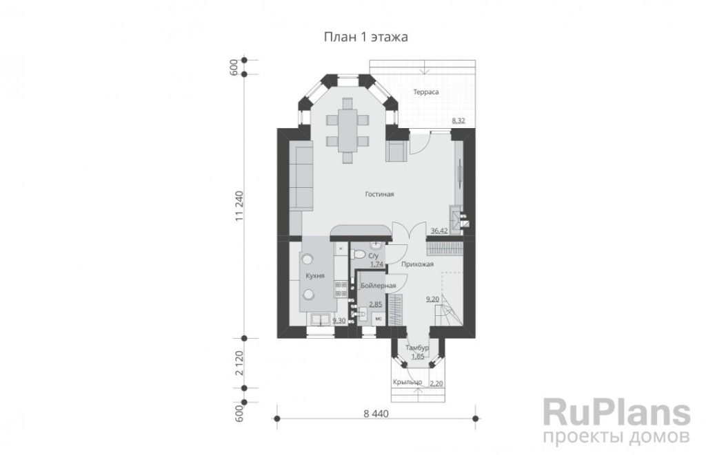 Планировка Проект одноэтажного дома с террасой и мансардой Rg5360