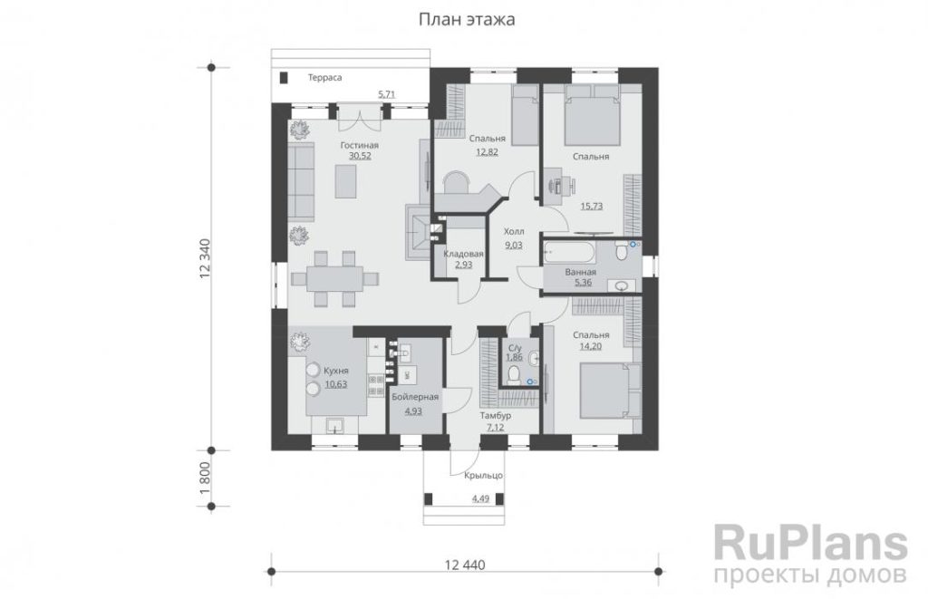 Планировка Одноэтажный жилой дом с террасой Rg5473