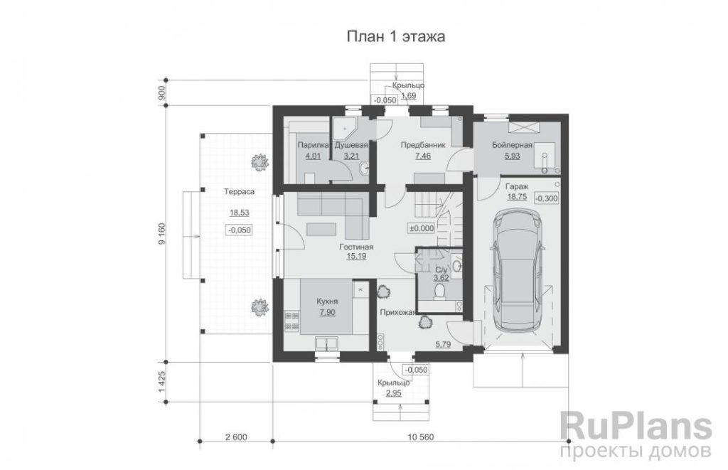 Планировка Одноэтажный дом с мансардой, с гаражом и террасой Rg6343