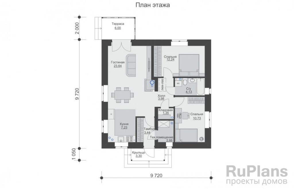 Планировка Одноэтажный дом с террасой и кухней-гостиной Rg6492