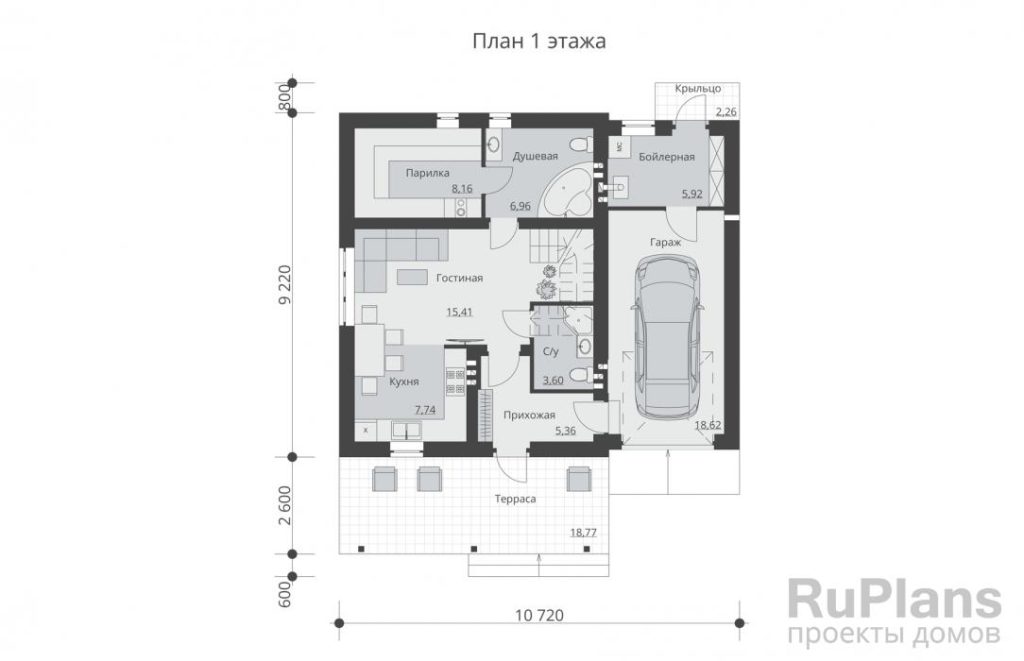 Планировка Одноэтажный дом с мансардой, гаражом и парилкой Rg5950