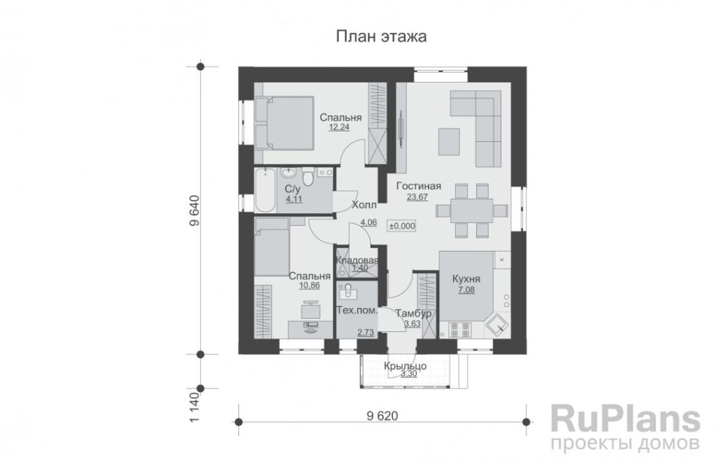 Планировка Одноэтажный дом с двумя спальнями Rg6304