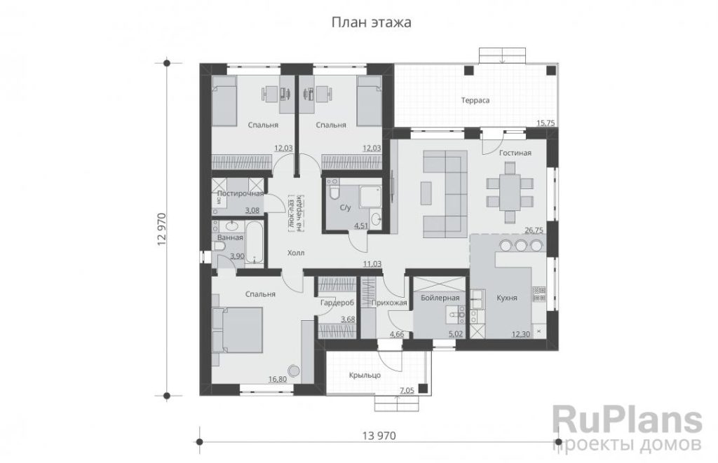 Планировка Одноэтажный жилой дом с террасой Rg6296