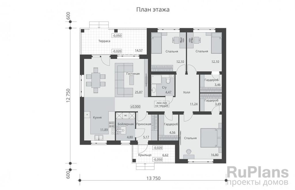 Планировка Одноэтажный дом с тремя спальнями, просторной гостиной и террасой Rg6191