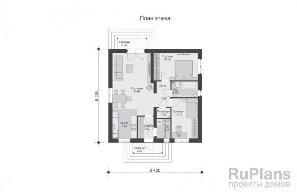 Планировка Одноэтажный дом с двумя спальнями Rg5932
