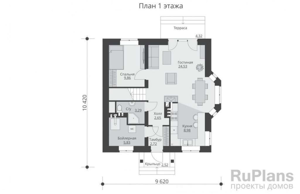 Планировка Одноэтажный дом с мансардой, террасой и балконами Rg5531