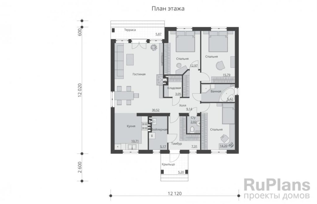 Планировка Проект одноэтажного дома с террасой Rg5527