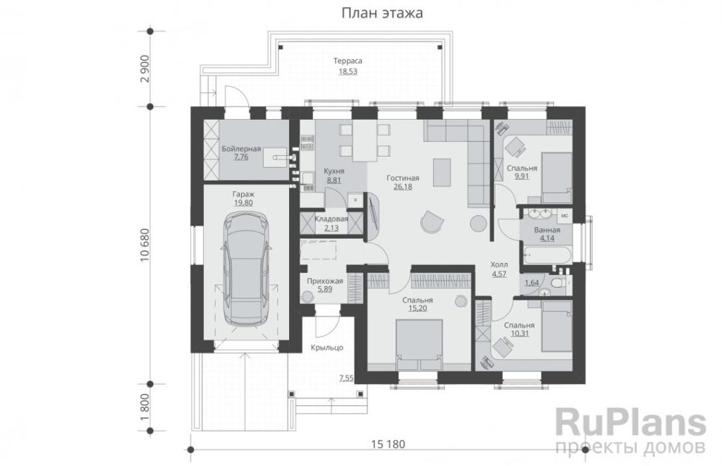 Планировка Одноэтажный дом с чердаком, гаражом и терасой Rg5431