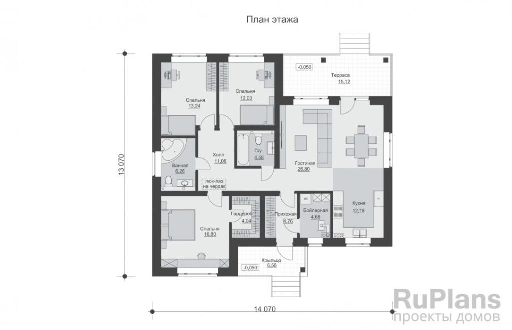 Планировка Одноэтажный дом с тремя спальнями и просторной гостиной Rg6541