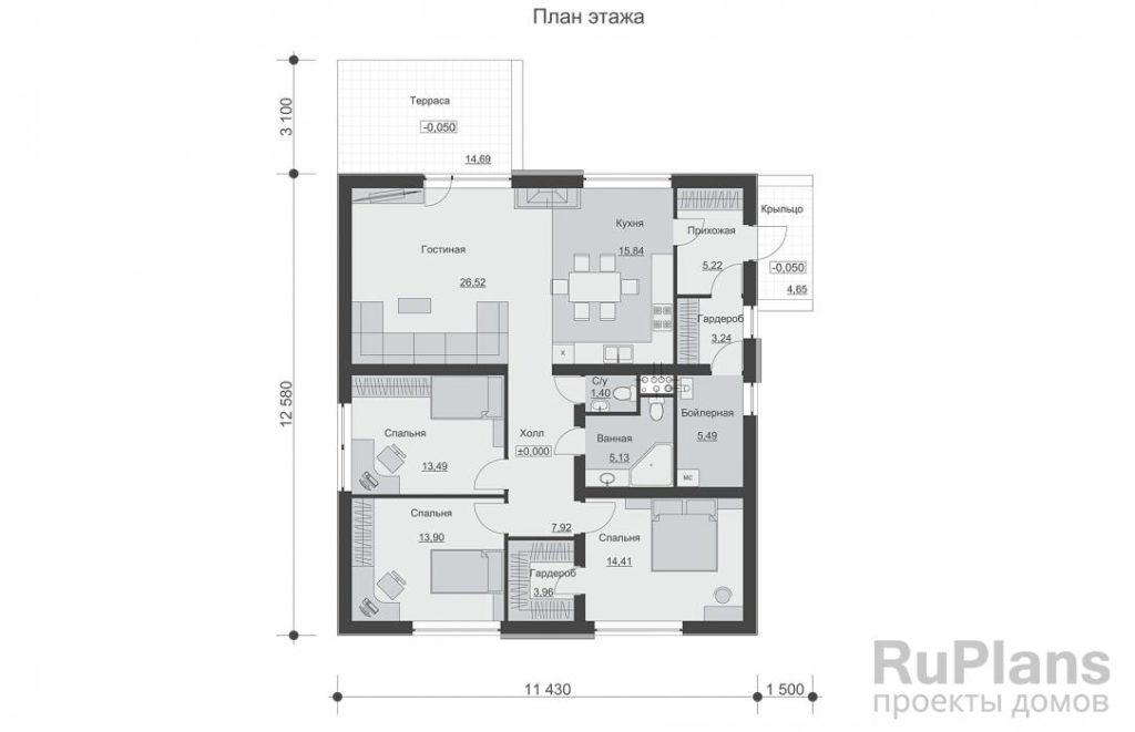 Планировка Одноэтажный дом с террасой  и без чердачного перекрытия. Rg6597