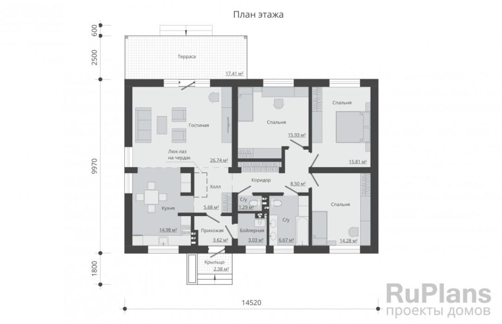 Планировка Одноэтажный дом с террасой Rg5303