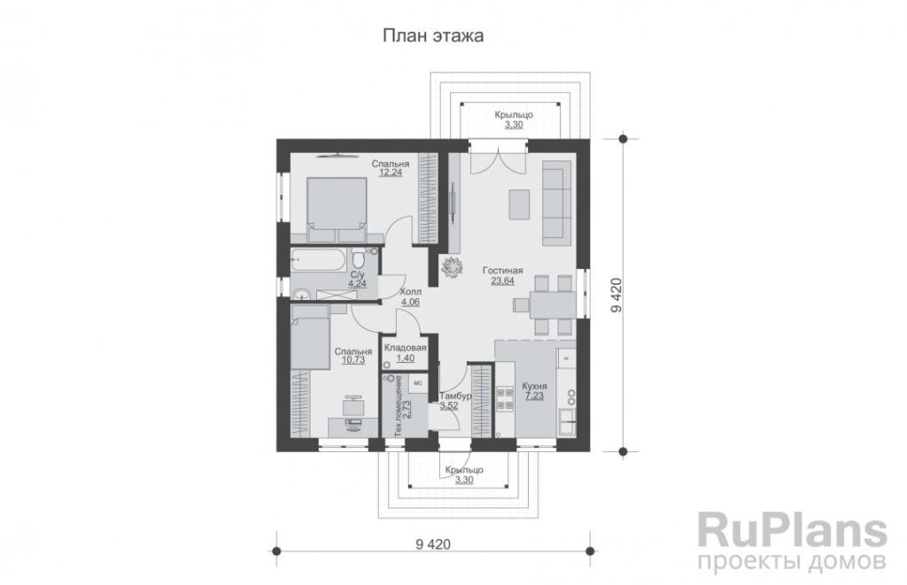 Планировка Одноэтажный дом с двумя спальнями и отделкой штукатуркой Rg6047