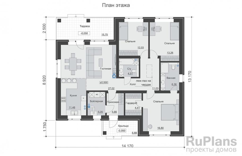 Планировка Одноэтажный дом с тремя спальнями и террасой Rg6490