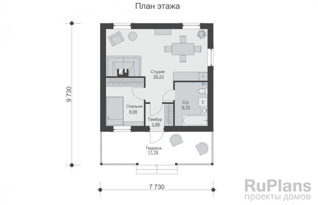 Планировка Одноэтажный дом с террасой, печкой и отделкой кирпичом. Rg6217