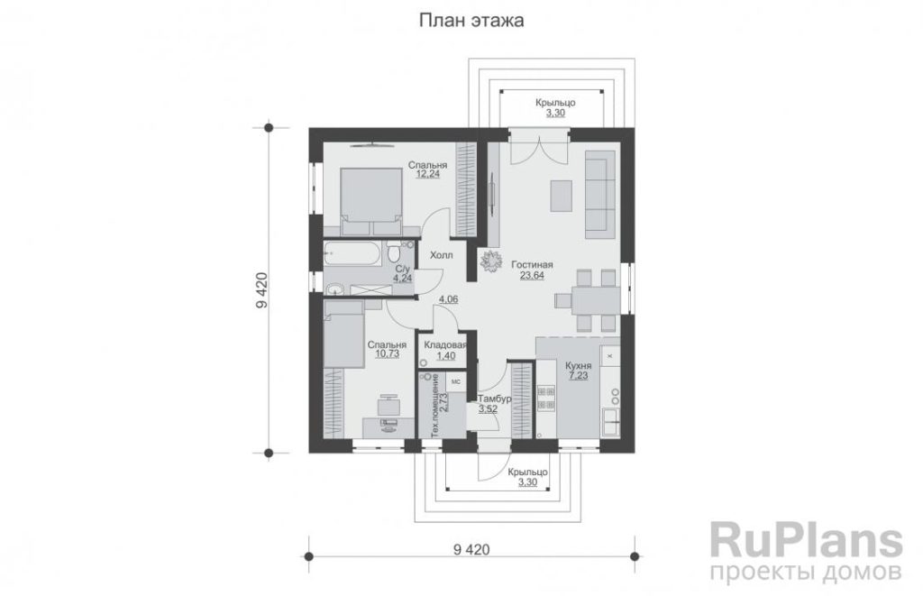 Планировка Одноэтажный дом с двумя спальнями Rg6401