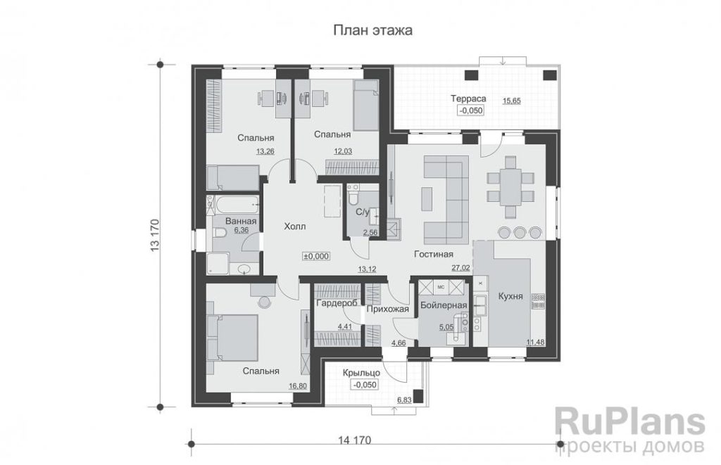 Планировка Одноэтажный дом с тремя спальнями и террасой Rg6563