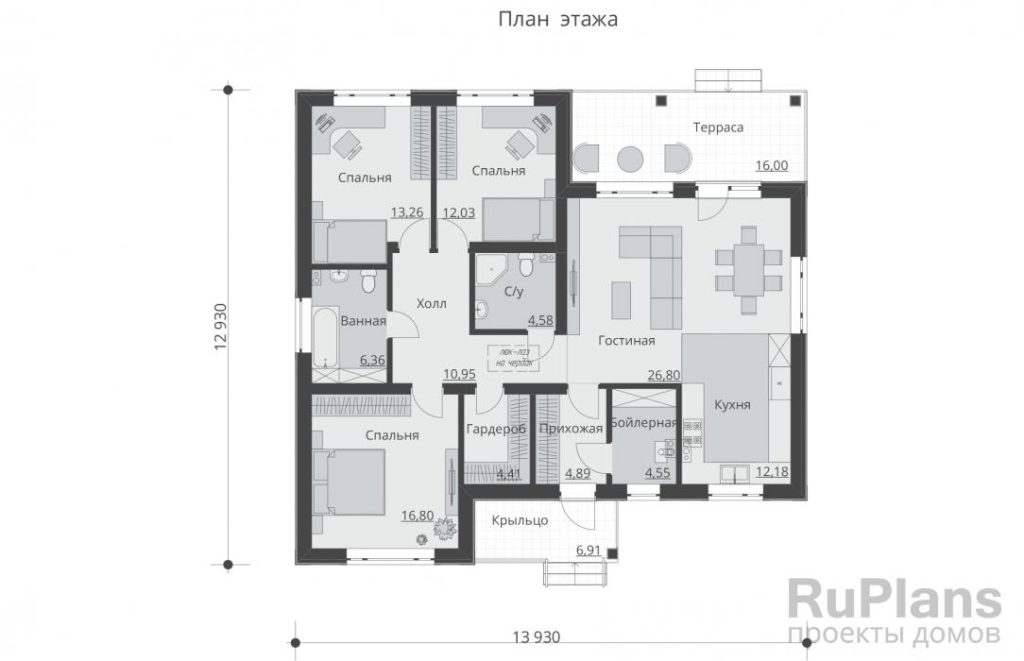 Планировка Одноэтажный дом с отделком сайдингом под кирпич, тремя спальнями, чердаком и террасой. Rg6035
