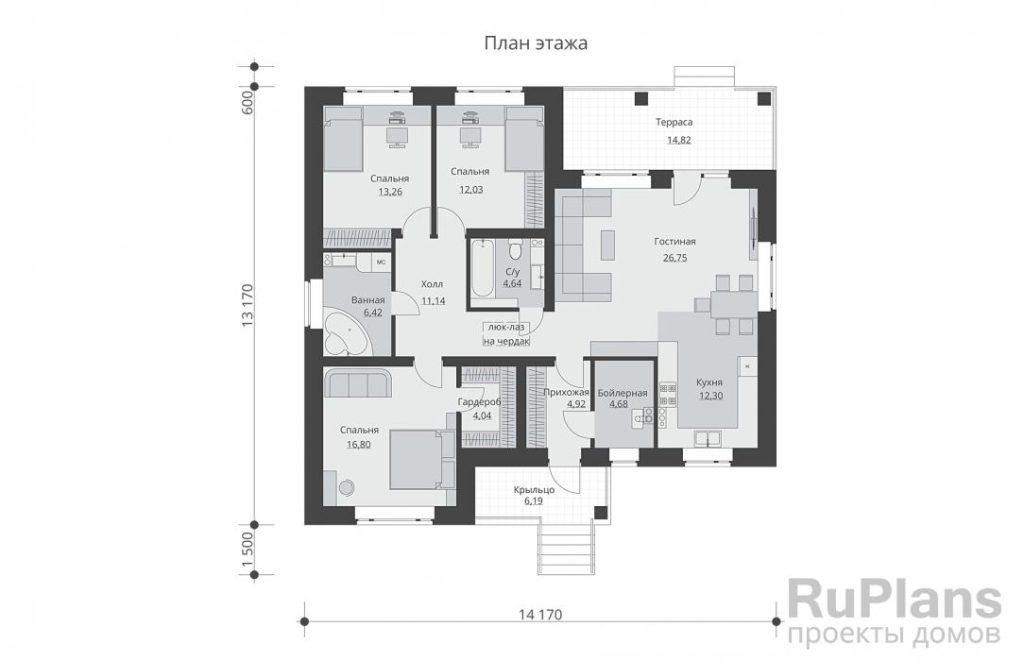 Планировка Одноэтажный дом с тремя спальнями и террасой Rg5661