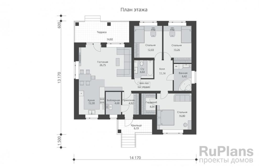 Планировка Одноэтажный дом с тремя спальнями и террасой Rg5961