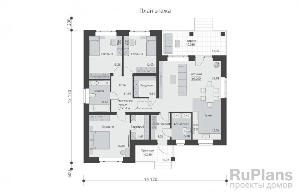 Планировка Одноэтажный дом, облицованный кирпичом, с тремя спальнями и выходом на чердак Rg6040