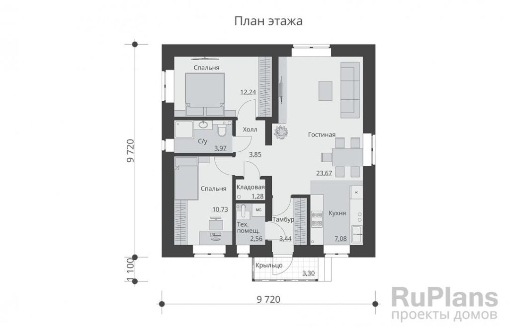 Планировка Одноэтажный дом с двумя спальнями Rg6153