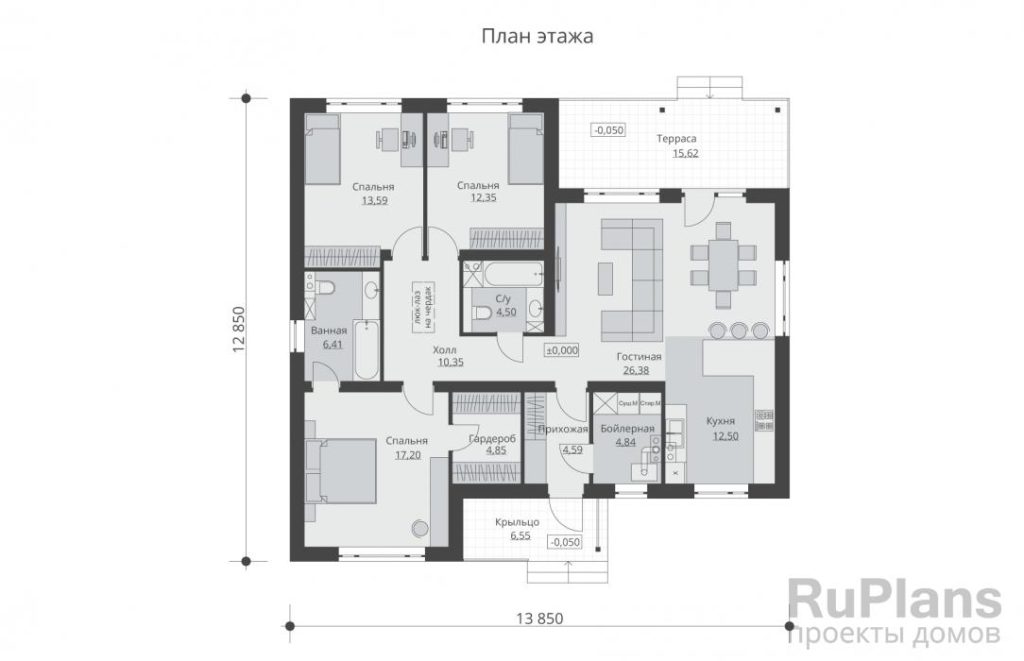 Планировка Одноэтажный дом с тремя спальнями и террасой Rg6584
