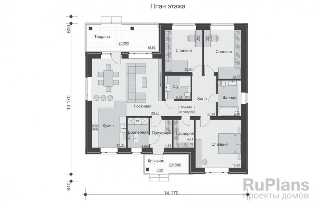 Планировка Одноэтажный дом с террасой и тремя спальнями Rg6474