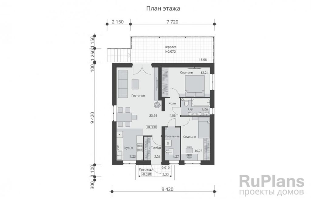 Планировка Одноэтажный дом с двумя спальнями и террасой Rg6132