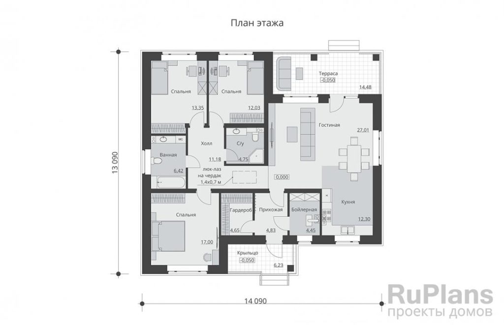 Планировка Одноэтажный дом с тремя спальнями, террасой и выходом на чердак Rg6038