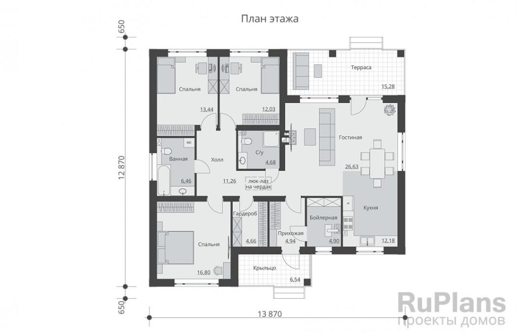 Планировка Одноэтажный дом с камином в гостиной, тремя спальнями и выходом на чердак Rg6099