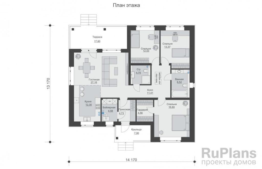 Планировка Одноэтажный дом с террасой и тремя спальнями Rg6342