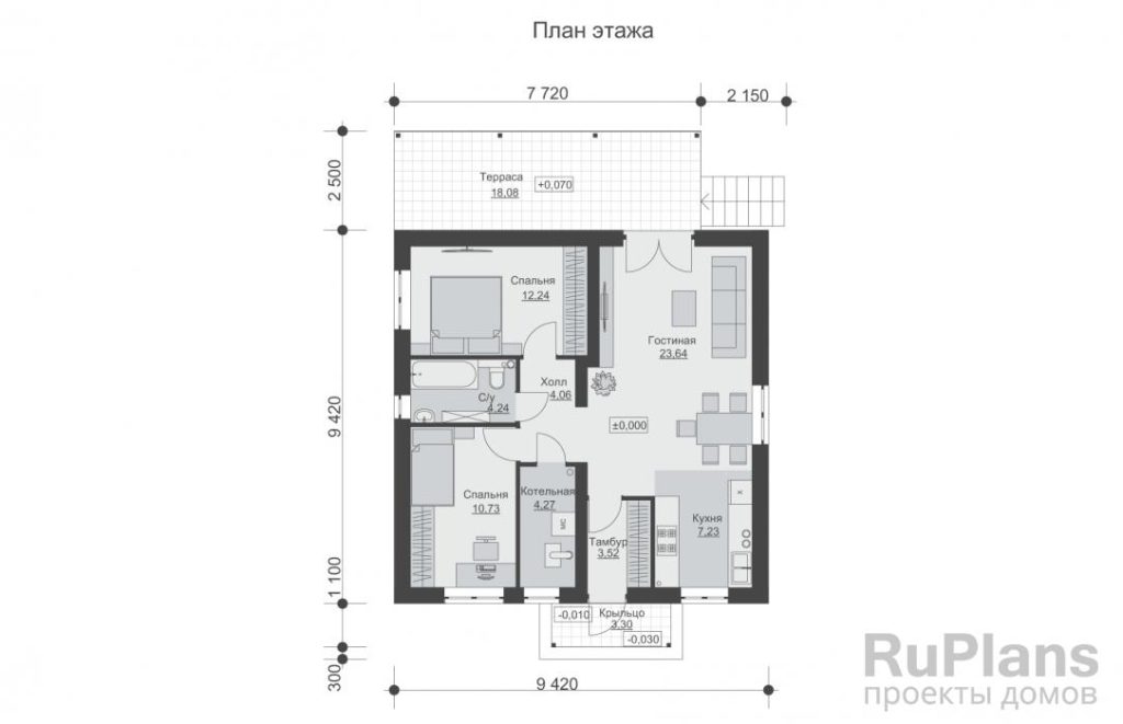 Планировка Одноэтажный дом с двумя спальнями и террасой Rg6508