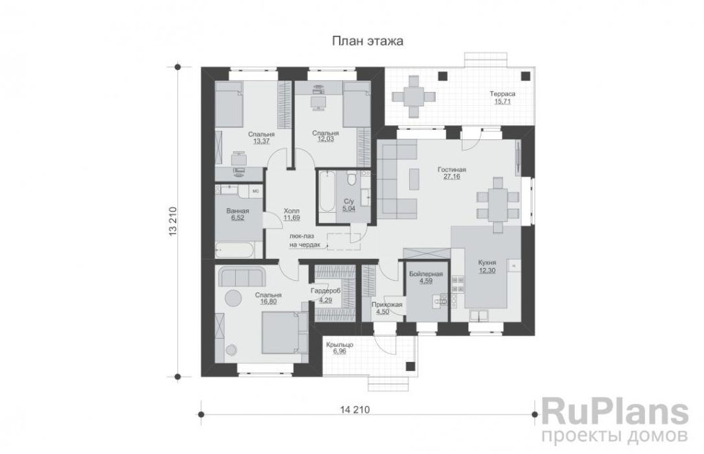 Планировка Одноэтажный дом с террасой и тремя спальнями Rg5989