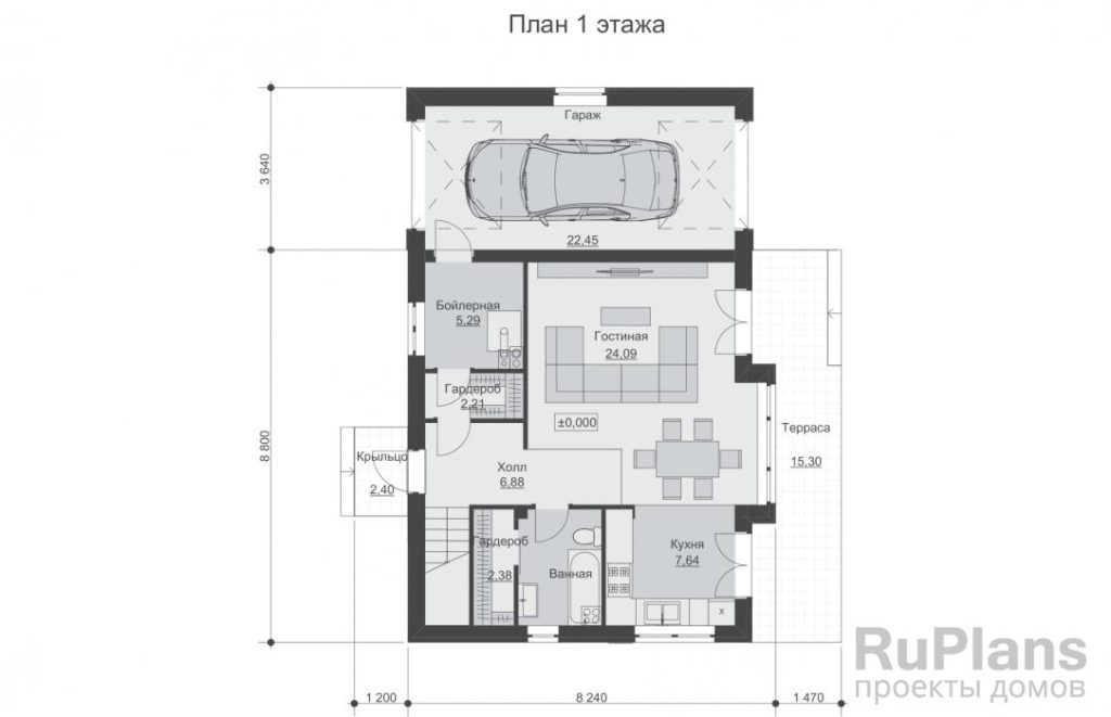 Планировка Одноэтажный дом с мансардой, гаражом и отделкой штукатуркой и планкеном. Rg6227