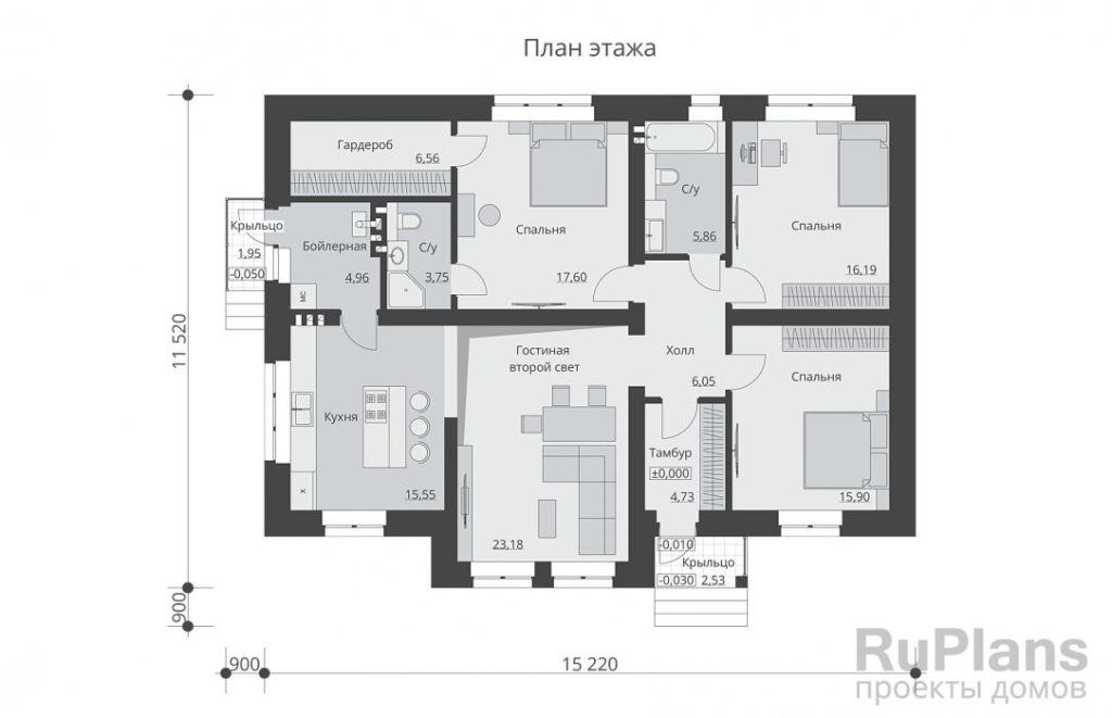 Планировка Одноэтажный дом с тремя спальнями и вторым светом в гостиной Rg6184