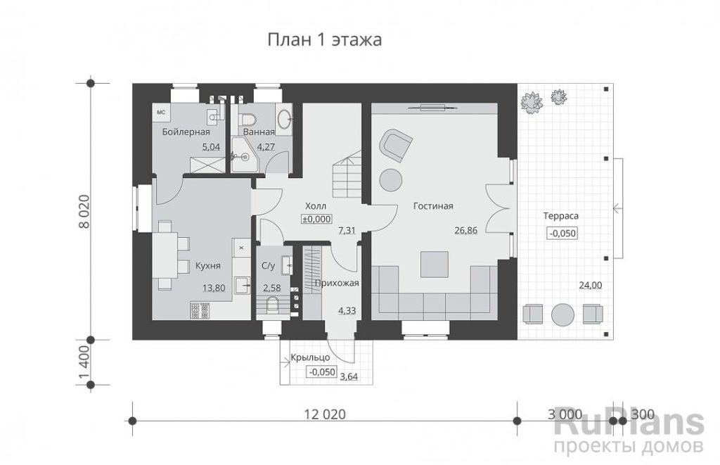 Планировка Одноэтажный дом с мансардой, просторной гостиной и тремя спальнями Rg6331