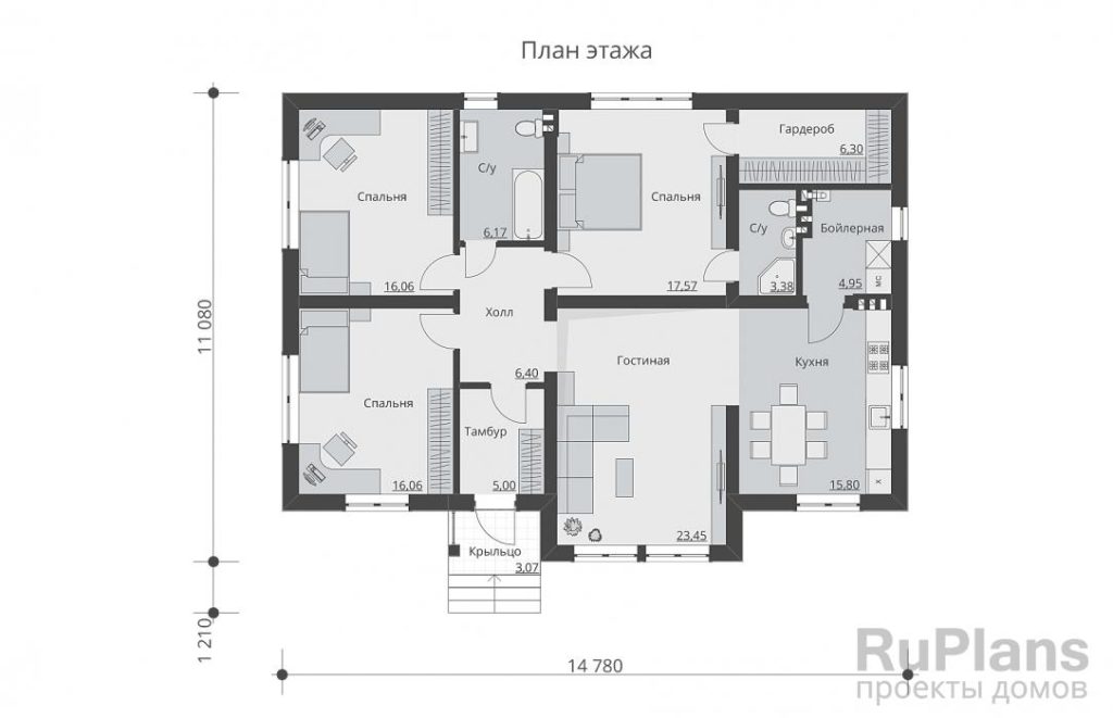 Планировка Одноэтажный дом с тремя спальнями и гардеробом Rg6155