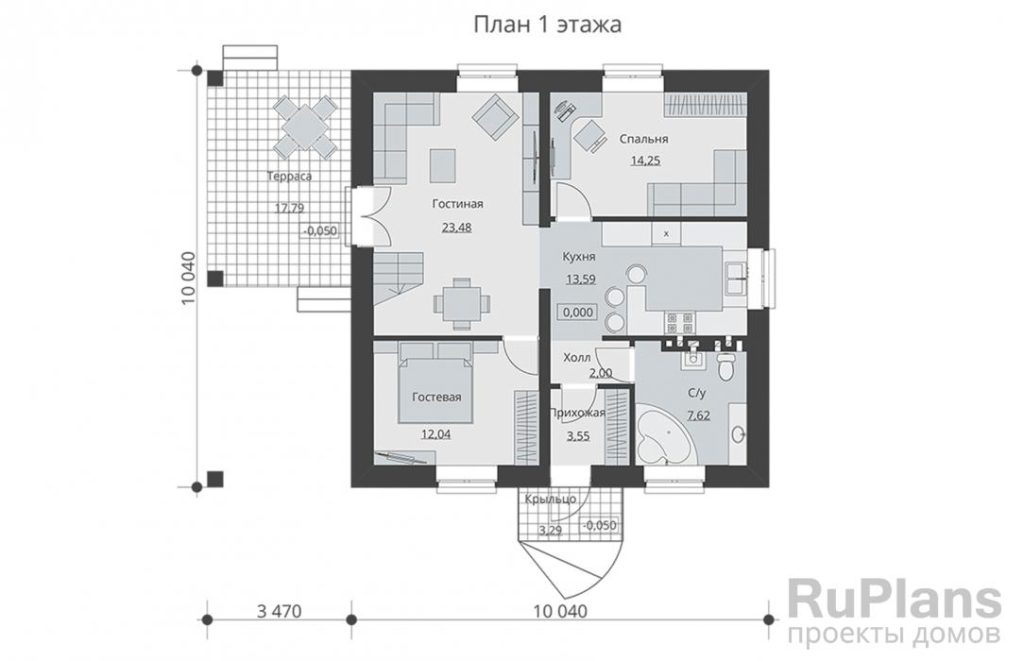 Планировка Проект одноэтажного дома с мансардой, навесом и террасой Rg5105