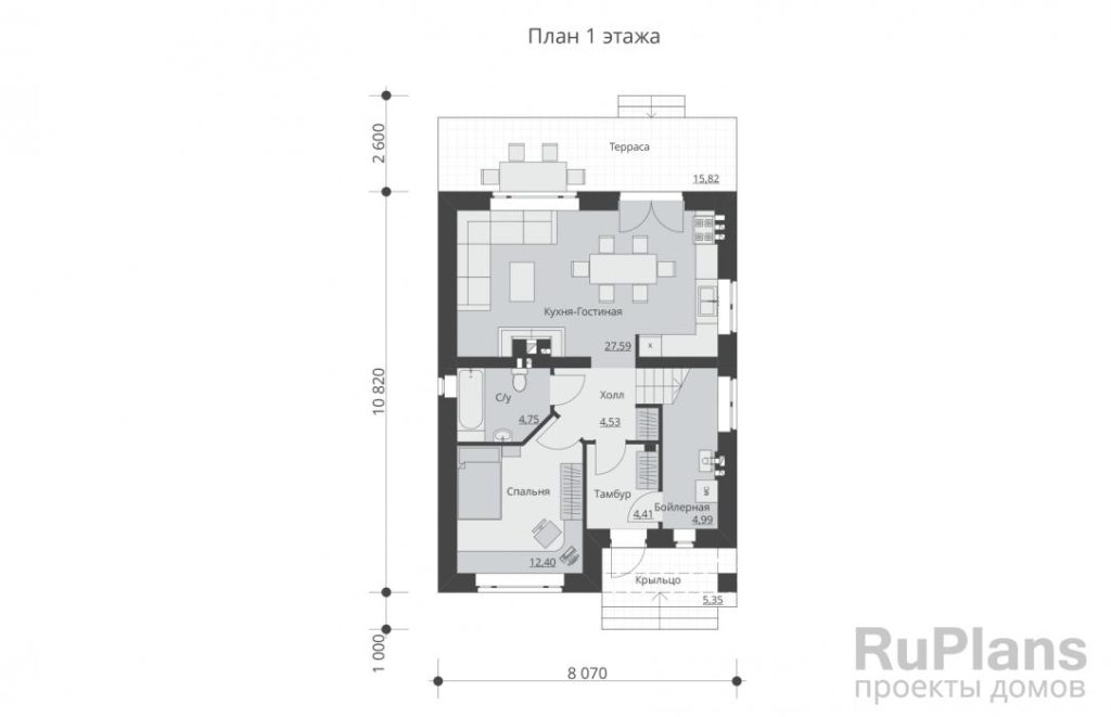 Планировка Проект одноэтажного дома с мансардой и террасой Rg5372