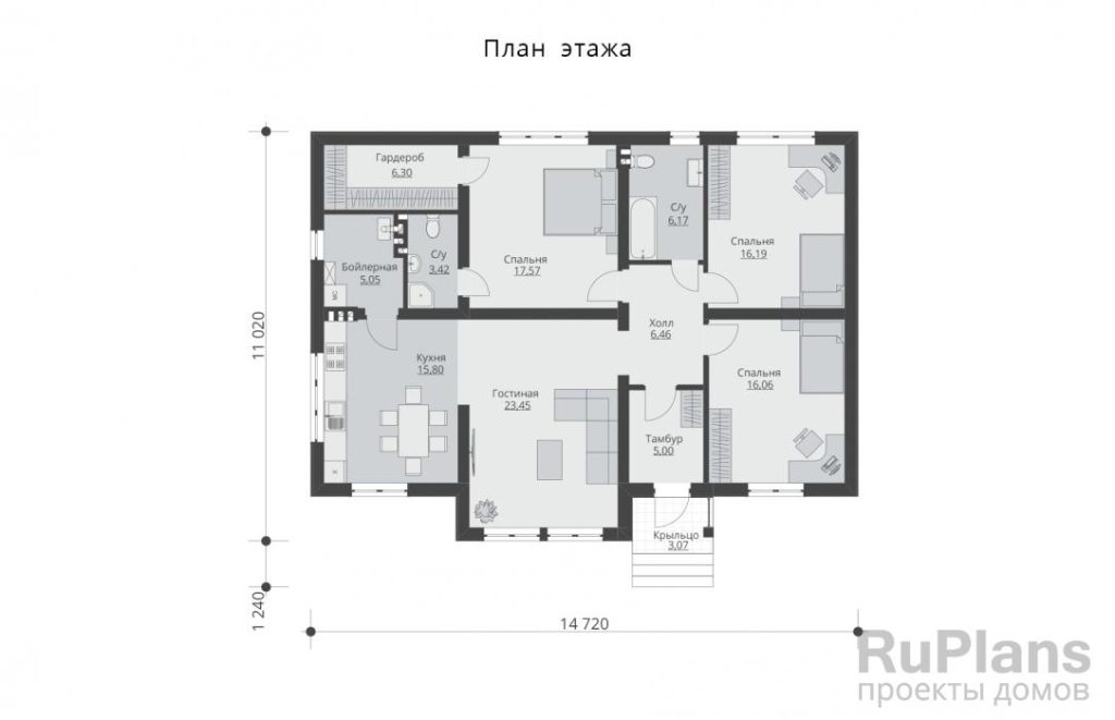 Планировка Одноэтажный дом с тремя спальнями Rg5905