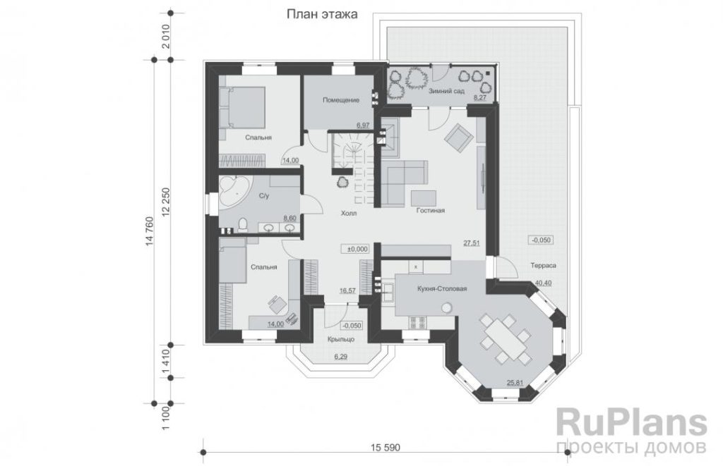 Планировка Проект одноэтажного жилого дома с террасой и зимним садом Rg5164