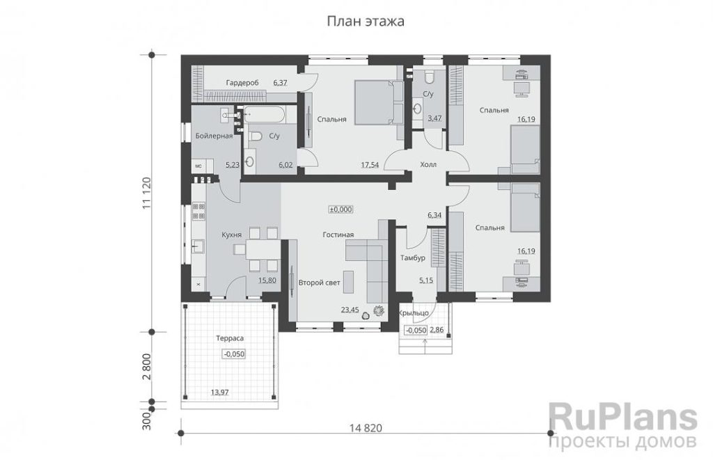 Планировка Одноэтажный дом с тремя спальнями и вторым светом в гостиной Rg6332