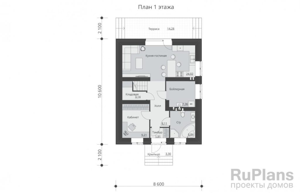 Планировка Проект одноэтажного жилого дома с террасой и мансардой Rg5381