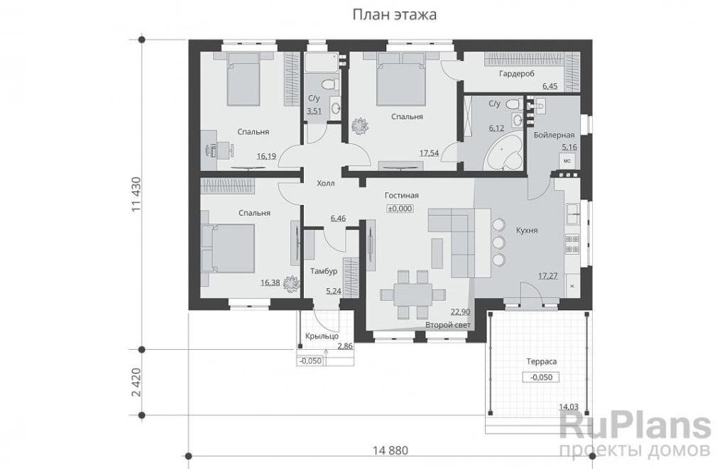 Планировка Одноэтажный дом с тремя спальнями и вторым светом. Rg6444