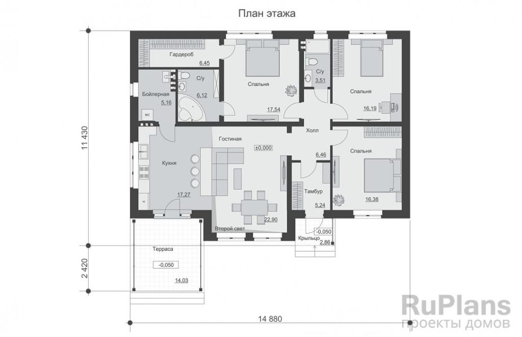 Планировка Одноэтажный дом с тремя спальнями и вторым светом. Rg6568
