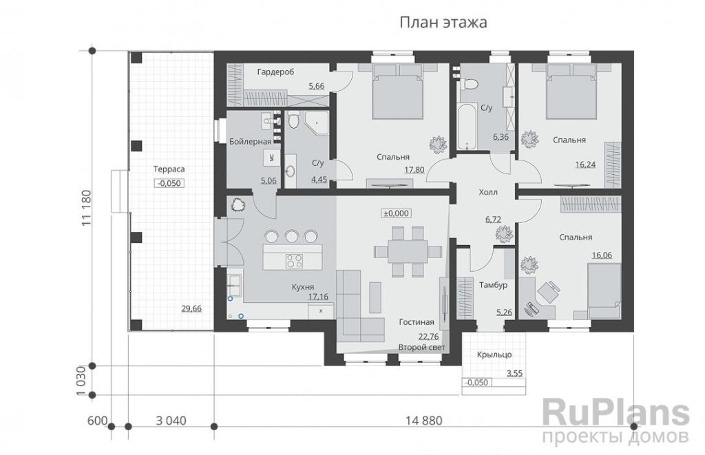 Планировка Одноэтажный дом с двумя санузлами и вторым светом. Rg6445