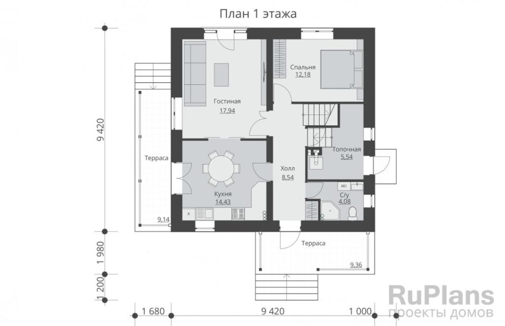 Планировка Проект двухэтажного жилого дома с террасами Rg5108