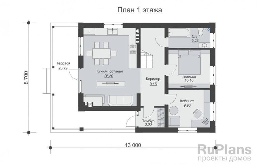 Планировка Одноэтажный жилой дом с мансардой, террасой и балконом Rg5715