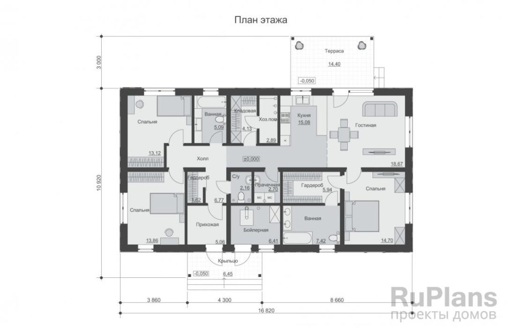 Планировка Одноэтажный дом с тремя спальнями и террасой Rg6373