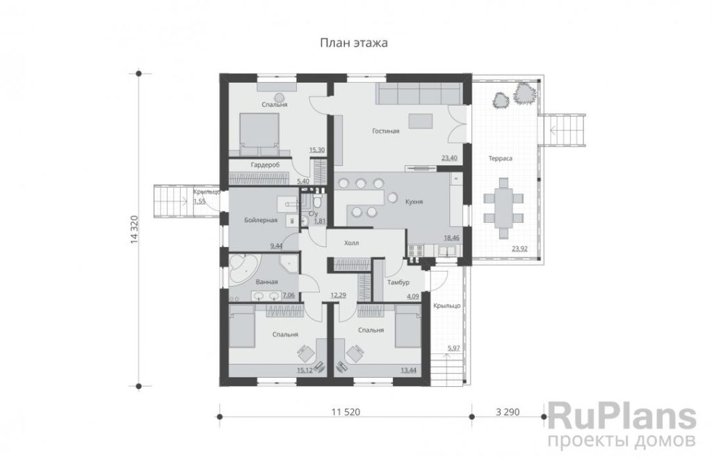 Планировка Проект одноэтажного дома с террасой Rg5373